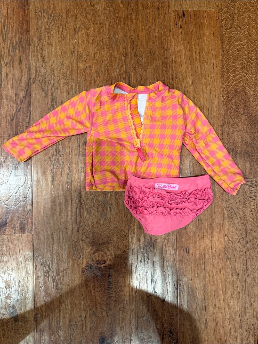 Ruffle Butts Pink & Yellow Gingham Long-Sleeve Rash Guard with Ruffle Bottoms